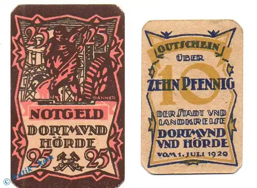 Notgeld Dortmund - Hörde , Set mit 2 Scheinen in kfr. Tieste 1465.05.10-11 , von 1919 , Westfalen Verkehrsausgabe