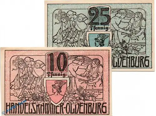 Notgeld Oldenburg , Set mit 2 Scheinen in kfr. Tieste 5370.05.20-21 , von 1918 , Oldenburg Verkehrsausgabe