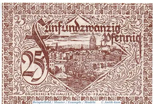 Notgeld Frankfurt , 25 Pfennig Schein in kfr. Tieste 1930.15.05-30 , von 1919 , Hessen Verkehrsausgabe