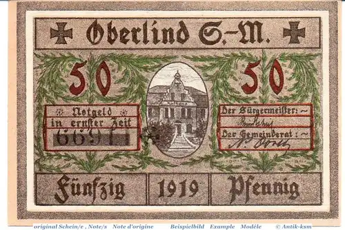 Notgeld Oberlind , 50 Pfennig Schein grau in kfr. Tieste 5265.05.10 , von 1919 , Thüringen Verkehrsausgabe