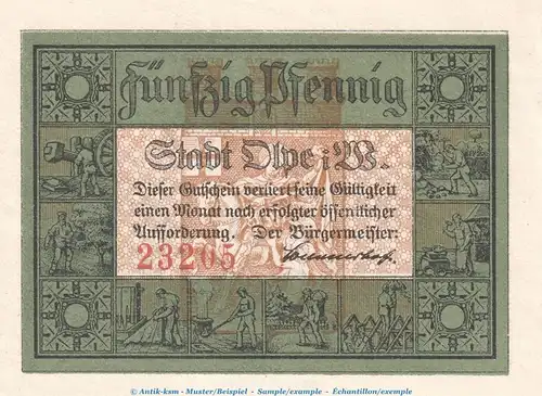 Notgeld Stadt Olpe , 50 Pfennig Schein in kfr. Tieste 5380.05.01 , o.D. Westfalen Verkehrsausgabe