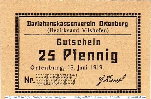 Notgeld Ortenburg , 25 Pfennig Schein in kfr. Tieste 5420.05.40 , von 1919 , Bayern Verkehrsausgabe