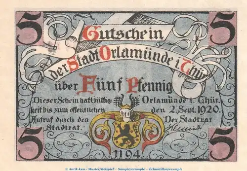 Notgeld Orlamünde , 5 Pfennig Schein in kfr. Tieste 5415.05.05 , von 1920 , Thüringen Verkehrsausgabe
