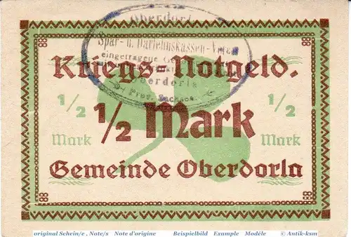 Notgeld Oberdorla , eine Halbe Mark Schein in kfr. Tieste 5225.05.55 , o.D. Thüringen Verkehrsausgabe