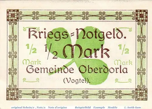 Notgeld Oberdorla , Halbe Mark Schein in kfr. Tieste 5225.05.070 , von 1918 , Thüringen Verkehrsausgabe