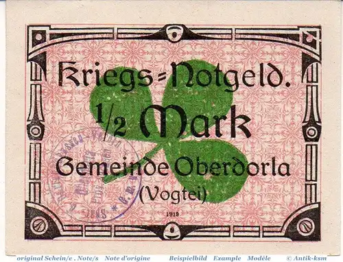 Notgeld Oberdorla , Halbe Mark Schein in kfr. Tieste 5225.05.100 , von 1919 , Thüringen Verkehrsausgabe