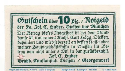 Notgeld Jos. C. Huber Kunstanstalt Diessen 1370.05.02 , 10 Pfennig Schein in kfr. o.D. Bayern Verkehrsausgabe