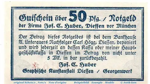 Notgeld Jos. C. Huber Kunstanstalt Diessen 1370.05.04 , 50 Pfennig Schein in kfr. o.D. Bayern Verkehrsausgabe