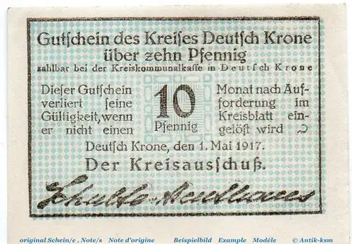 Notgeld Kreis Deutsch Krone 1350.05.10 , 10 Pfennig Schein in f-kfr. von 1917 , Westpreussen Verkehrsausgabe
