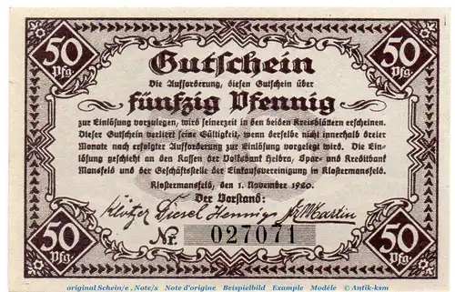 Notgeld Einkaufsvereinigung Klostermansfeld 3545.05.04 , 50 Pfennig o. Bst. in kfr. von 1920 , Sachsen Anhalt Verkehrsausgabe