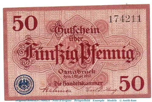 Notgeld Handelskammer Osnabrück 5435.05.04 , 50 Pfennig Schein in kfr. von 1917 , Niedersachsen Verkehrsausgabe