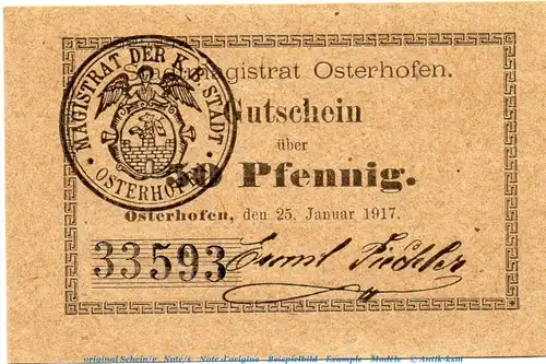 Notgeld Stadt Osterhofen 5445.05.040 , 50 Pfennig mit Karo in kfr. von 1917 , Bayern Verkehrsausgabe