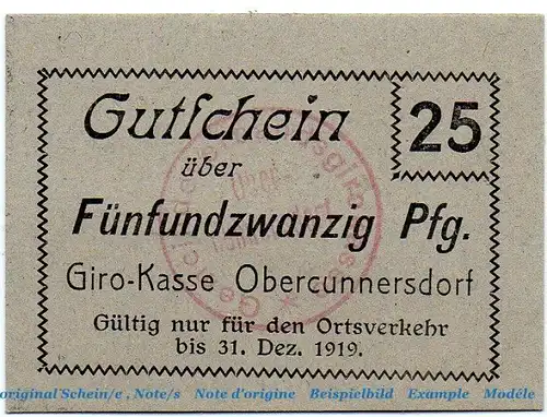 Notgeld Giro Kasse Obercunnersdorf 5215.05.11 , 25 Pfennig Schein in kfr. o.D. Sachsen Verkehrsausgabe