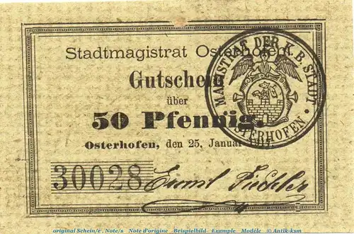 Notgeld Stadt Osterhofen 5445.05.025 , 50 Pfennig Schein in kfr. von 1917 , Bayern Verkehrsausgabe