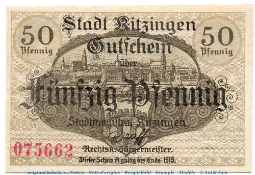 Notgeld Stadt Kitzingen 3510.05.25 , 50 Pfennig Schein in kfr. von 1918 , Bayern Verkehrsausgabe