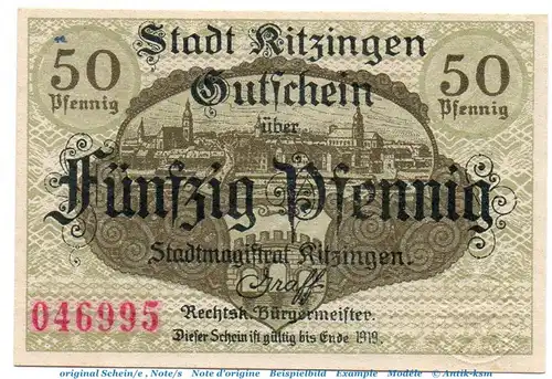 Notgeld Stadt Kitzingen 3510.05.05 , 50 Pfennig Schein in kfr. von 1918 , Bayern Verkehrsausgabe