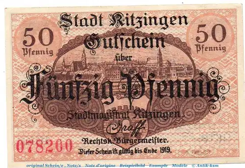 Notgeld Stadt Kitzingen 3510.05.45 , 50 Pfennig Schein in kfr. von 1918 , Bayern Verkehrsausgabe