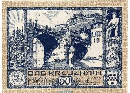 Notgeld Stadt Kreuznach , 50 Pfennig Schein in kfr. Tieste 3725.05.25 von 1917-18 , Rheinland Verkehrsausgabe