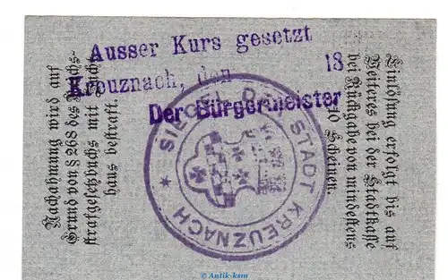 Notgeld Stadt Kreuznach , 50 Pfennig hellgrau in kfr. Tieste 3725.05.05 von 1917 , Rheinland Verkehrsausgabe