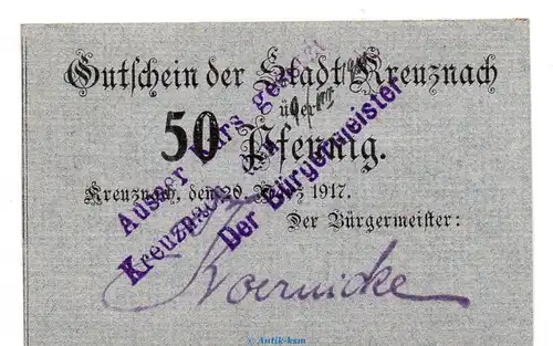 Notgeld Stadt Kreuznach , 50 Pfennig hellgrau in kfr. Tieste 3725.05.05 von 1917 , Rheinland Verkehrsausgabe