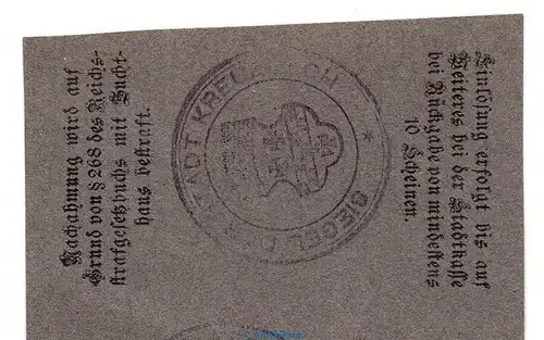 Notgeld Stadt Kreuznach , 50 Pfennig dunkelgrau in kfr. Tieste 3725.05.10 von 1917 , Rheinland Verkehrsausgabe