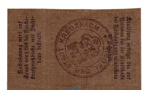 Notgeld Stadt Kreuznach , 10 Pfennig Schein in kfr. Tieste 3725.05.15 von 1917 , Rheinland Verkehrsausgabe