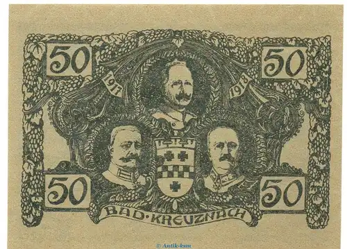 Notgeld Stadt Kreuznach , 50 Pfennig Schein in kfr. Tieste 3725.05.20 von 1917-18 , Rheinland Verkehrsausgabe
