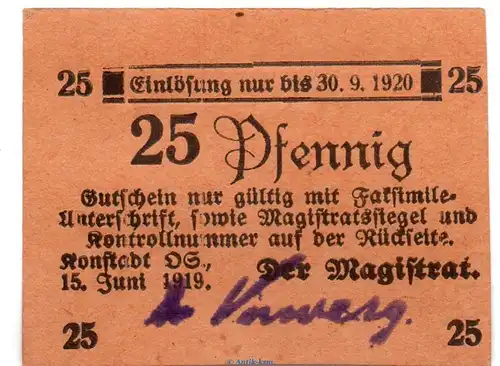 Notgeld Stadt Konstadt 3665.05.31 , 25 Pfennig Schein in kfr. von 1919 , Schlesien Verkehrsausgabe