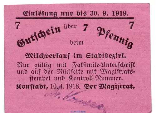 Notgeld Stadt Konstadt 3665.05.20 , 7 Pfennig Schein in kfr. von 1918 , Schlesien Verkehrsausgabe