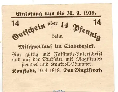 Notgeld Stadt Konstadt 3665.05.21 , 14 Pfennig Schein in kfr. von 1918 , Schlesien Verkehrsausgabe