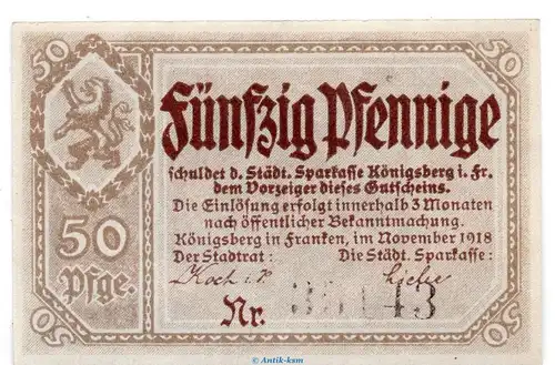Notgeld Städtischen Sparkasse Königsberg Fr. 3585.05.05 , 50 Pfennig Schein in kfr. von 1918 , Sachsen Verkehrsausgabe
