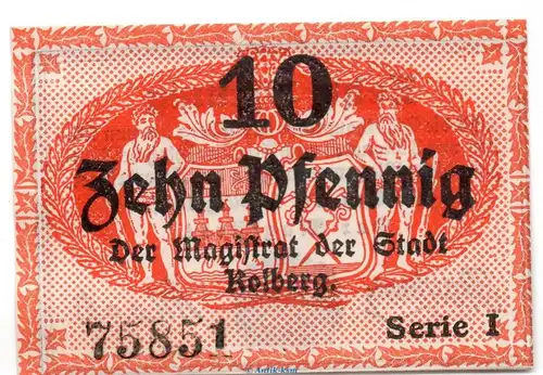 Notgeld Stadt Kolberg 3650.05.01 , 10 Pfennig Schein in kfr. von 1917 , Pommern Verkehrsausgabe