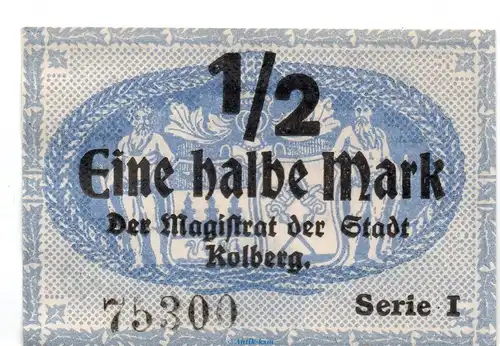 Notgeld Stadt Kolberg 3650.05.03 , 1 halbe Mark Schein in kfr. von 1917 , Pommern Verkehrsausgabe