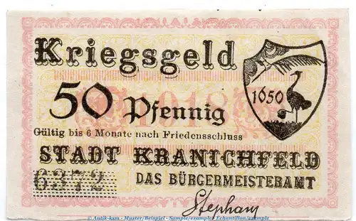 Notgeld Stadt Kranichfeld 3700.05.02 , 50 Pfennig Schein in kfr. von 1918 , Thüringen Verkehrsausgabe