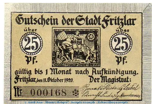 Notgeld Stadt Fritzlar 2050.05.01 , 25 Pfennig Schein in kfr. von 1920 , Hessen Verkehrsausgabe