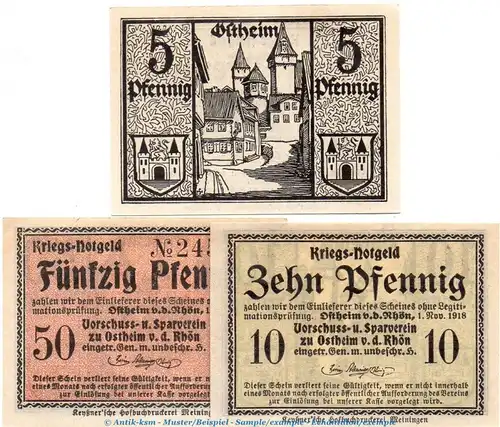 Notgeld Sparverein Ostheim 5465.05.55-57 , Set mit 3 Scheinen in kfr. von 1918 , Thüringen Verkehrsausgabe