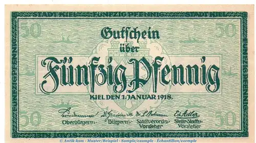 Notgeld Stadt Kiel 3470.40.20 , 50 Pfennig Schein in kfr. von 1918 , Schleswig Holstein Verkehrsausgabe