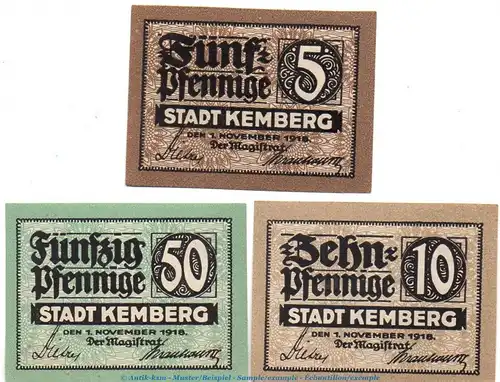 Notgeld Stadt Kemberg 3450.05.01-03 , Set mit 3 Scheinen in kfr. von 1918 , Sachsen Verkehrsausgabe