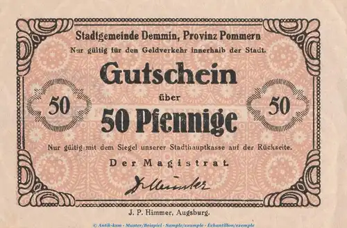 Notgeld Stadt Demmin 1335.10.56 , 50 Pfennig Schein in kfr. o.D. Pommern Verkehrsausgabe