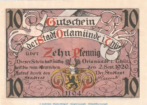 Notgeld Stadt Orlamünde , 10 Pfennig Schein in kfr. Tieste 5415.05.06 von 1920 , Thüringen Verkehrsausgabe