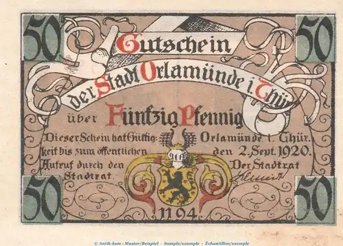 Notgeld Stadt Orlamünde , 50 Pfennig Schein in kfr. Tieste 5415.05.08 von 1920 , Thüringen Verkehrsausgabe