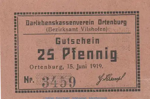 Notgeld Darlehnskassenverein Ortenburg , 25 Pfennig Schein in kfr. Tieste 5420.05.01 von 1919 , Bayern Verkehrsausgabe