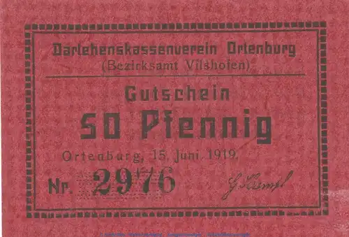 Notgeld Darlehnskassenverein Ortenburg , 50 Pfennig Schein in kfr. Tieste 5420.05.57 von 1919 , Bayern Verkehrsausgabe