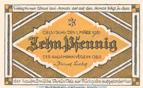 Notgeld Kfm. Verein Oels , 10 Pfennig Schein in kfr. Tieste 5320.05.20 von 1921 , Schlesien Verkehrsausgabe