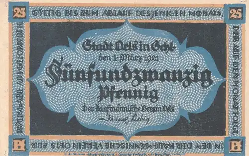 Notgeld Kfm. Verein Oels , 25 Pfennig Schein in kfr. Tieste 5320.05.16 von 1921 , Schlesien Verkehrsausgabe