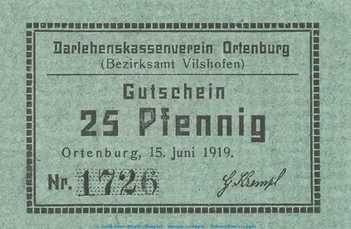 Notgeld Darlehnskassenverein Ortenburg , 25 Pfennig Schein in kfr. Tieste 5420.05.56 von 1919 , Bayern Verkehrsausgabe