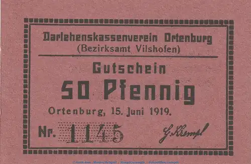 Notgeld Darlehnskassenverein Ortenburg , 50 Pfennig Schein in kfr. Tieste 5420.05.44 von 1919 , Bayern Verkehrsausgabe