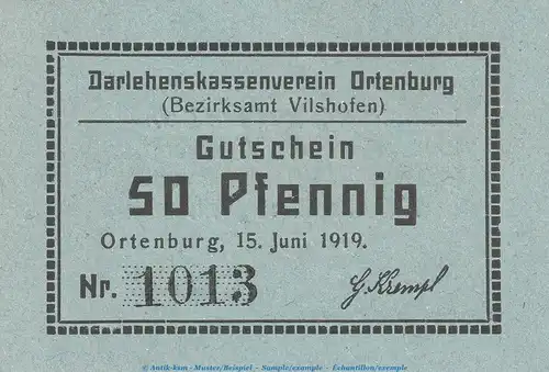 Notgeld Darlehnskassenverein Ortenburg , 50 Pfennig Schein in kfr. Tieste 5420.05.42 von 1919 , Bayern Verkehrsausgabe