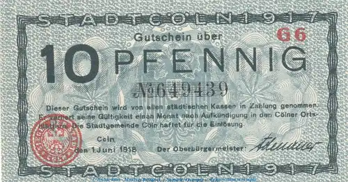 Notgeld Stadt Cöln - Köln , 10 Pfennig Schein in kfr. Tieste 3565.105.15 von 1918 , Rheinland Verkehrsausgabe