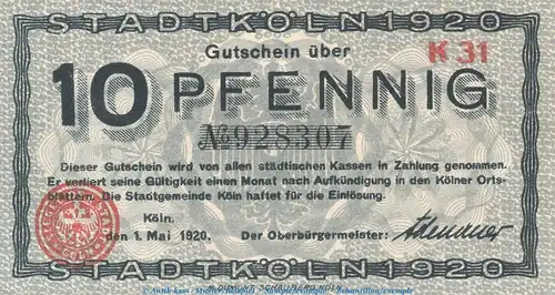 Notgeld Stadt Cöln - Köln , 10 Pfennig Schein in kfr. Tieste 3565.105.40 von 1920 , Rheinland Verkehrsausgabe